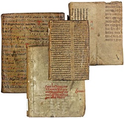 Image showing four of Liddel's books bound in vellum manuscript waste: pi 52089 a; pi 5204 Bra 1; pi 6102 Lid di; pi 6102 Lid dis.